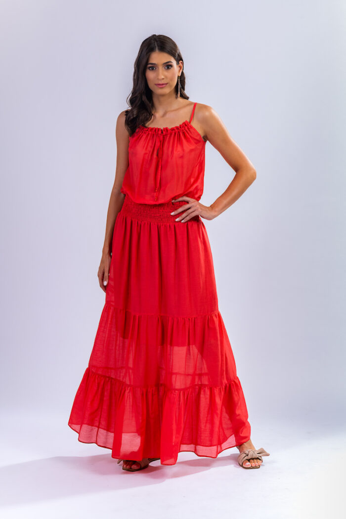 Long, light red KATARINA dress for summer, made of natural blend of silk and cotton.