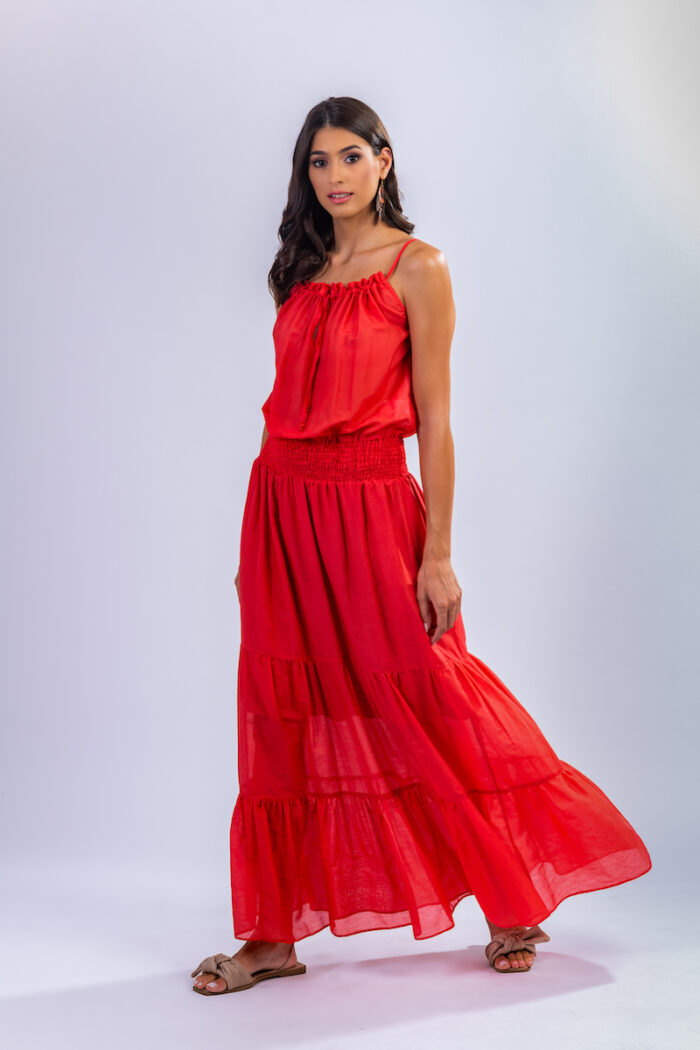 Long, light red KATARINA dress for summer, made of natural blend of silk and cotton.