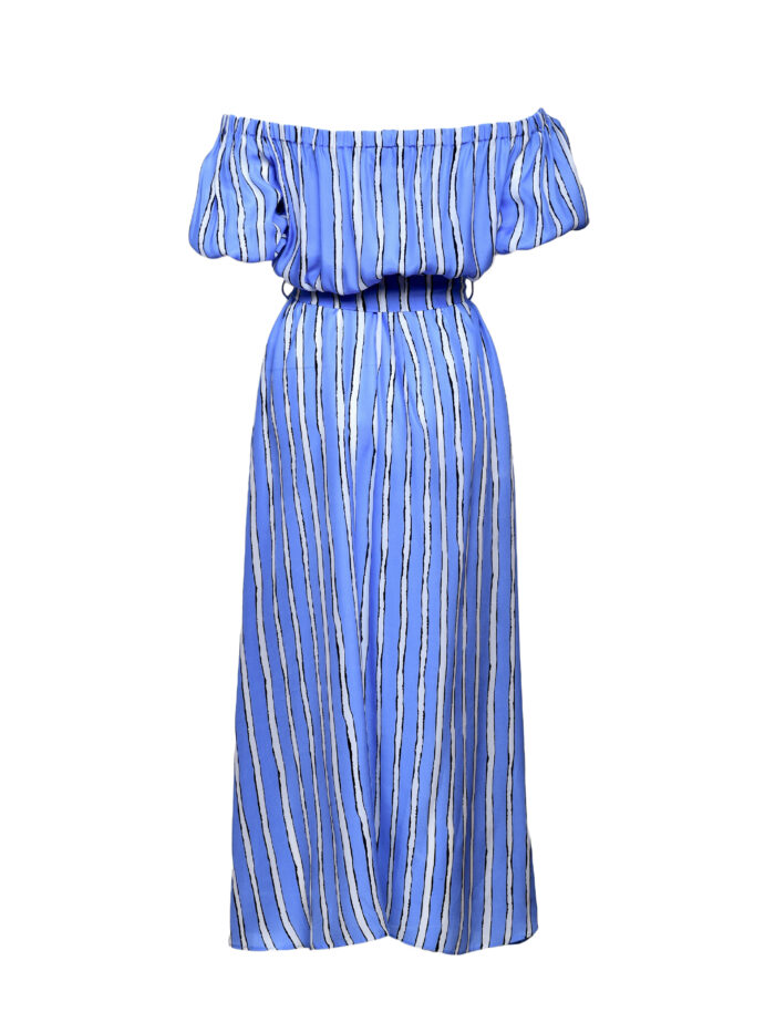 Midi LOLA haljina na pruge od plavo-belog svilenog materijala slikana na ghost mannequin-u.