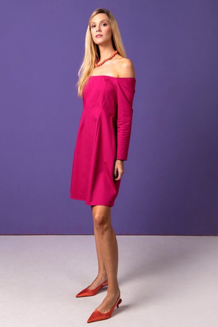 Blonde girl, pink dress, purple background, necklace