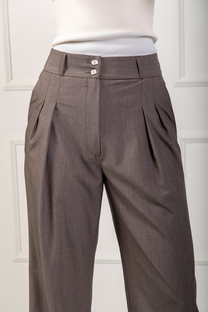 Brown wide-leg trousers with pleats.
